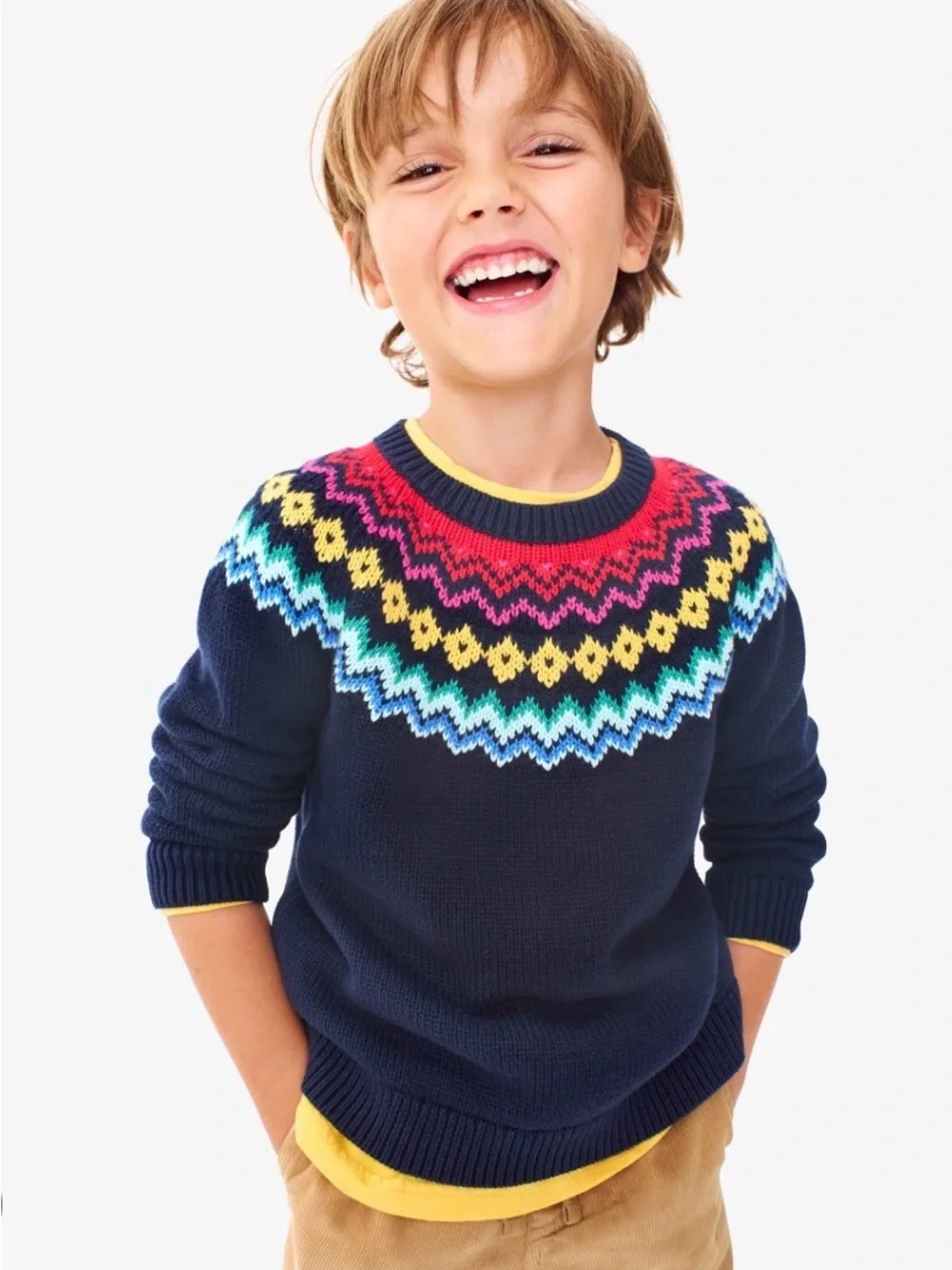 Primary Navy Sweater with Multicolor Fair Isle Yoke